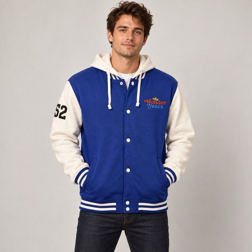 The Wonder Years BAW Men’s XL Blue & White Hooded Letterman Varsity Jacket, NWOT